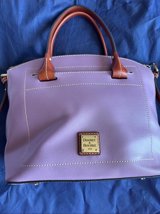 Dooney & Bourke Handbags - Dooney & Bourke Lavender Satchel with Brown Trim and Gold Plaque